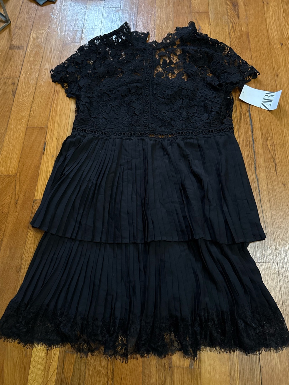Zara Black Lace & Pleated Midi Dress